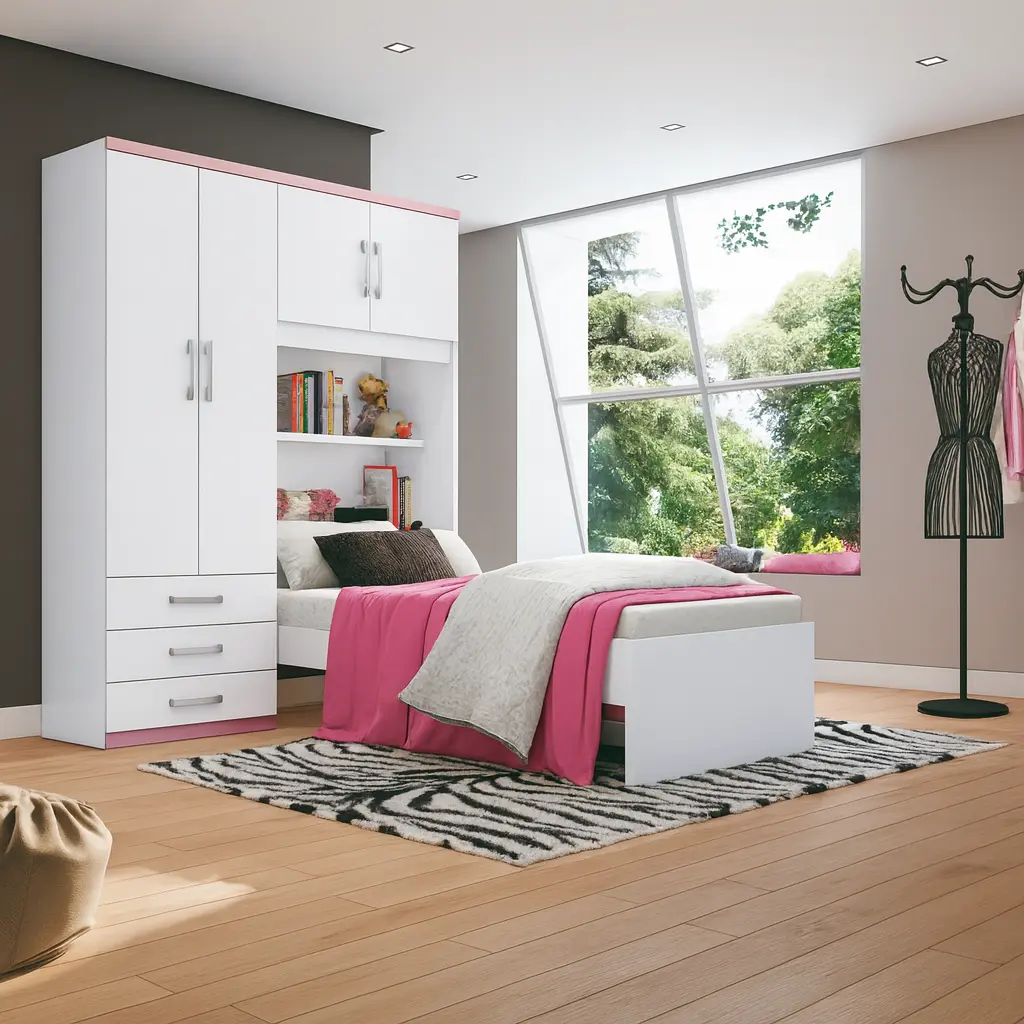 LIT 1P AVEC ARMOIRE 4P BLANC/ROSE — Anziza