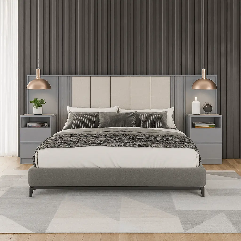 TETE DE LIT GRIS AVEC 2 CHEVETS 2625X1200 — M’Zuri