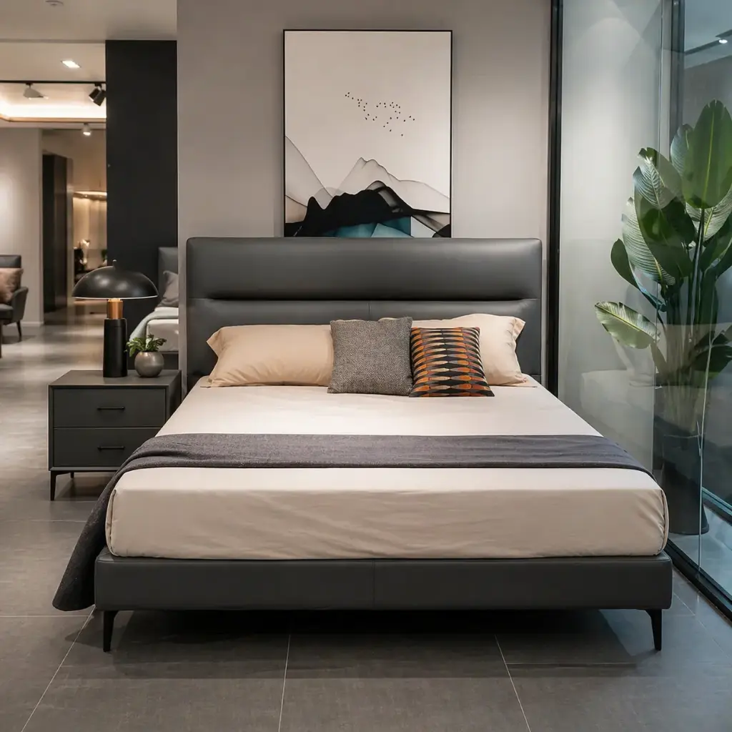 LIT 160X200 DESIGN GRIS CUIR AVEC SOMMIER - Nova